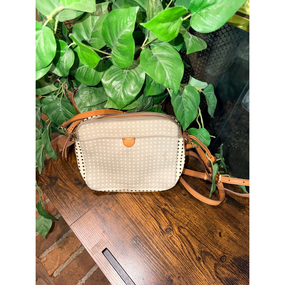 Fossil Crossbody Bag Women Cream Tan Polka Dot Coated Canvas Leather Trim OS